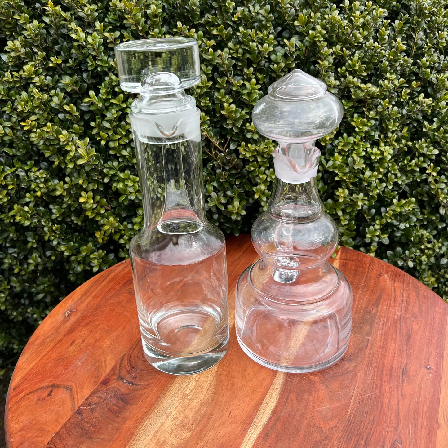 Two Unique Hand blown Clear Glass Liquor Wine Decanters & Stoppers