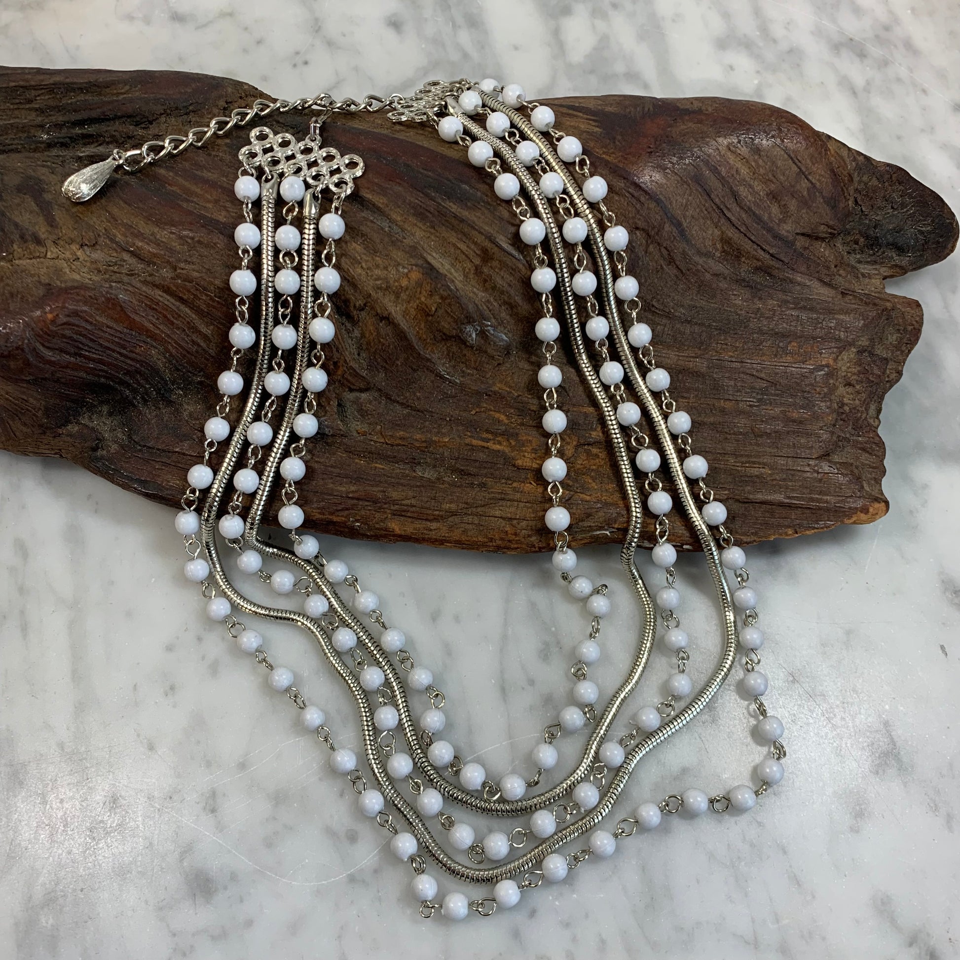 Vintage Layered Multi  Strand White Bead & Silver Tone Snake Chain Necklace.
