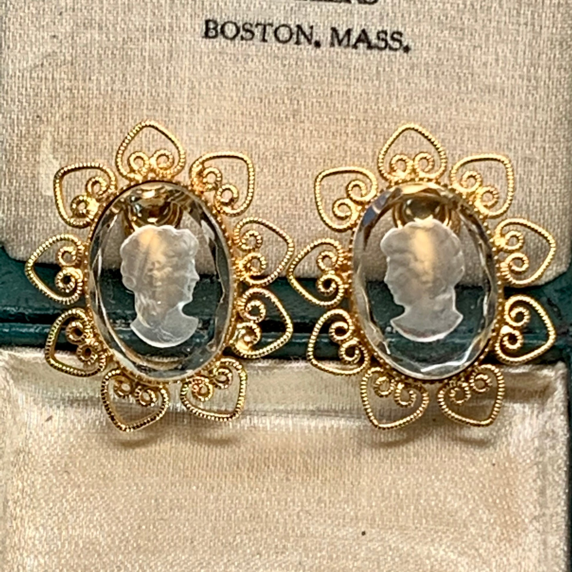 Vintage Reverse Carved Glass Cameo & Heart Shaped Scroll Earrings