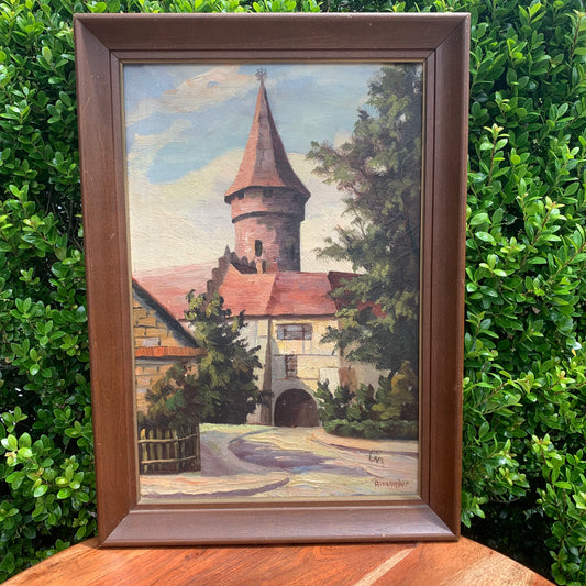 Antique Framed Canvas Oil Painting of A Medieval Castle
