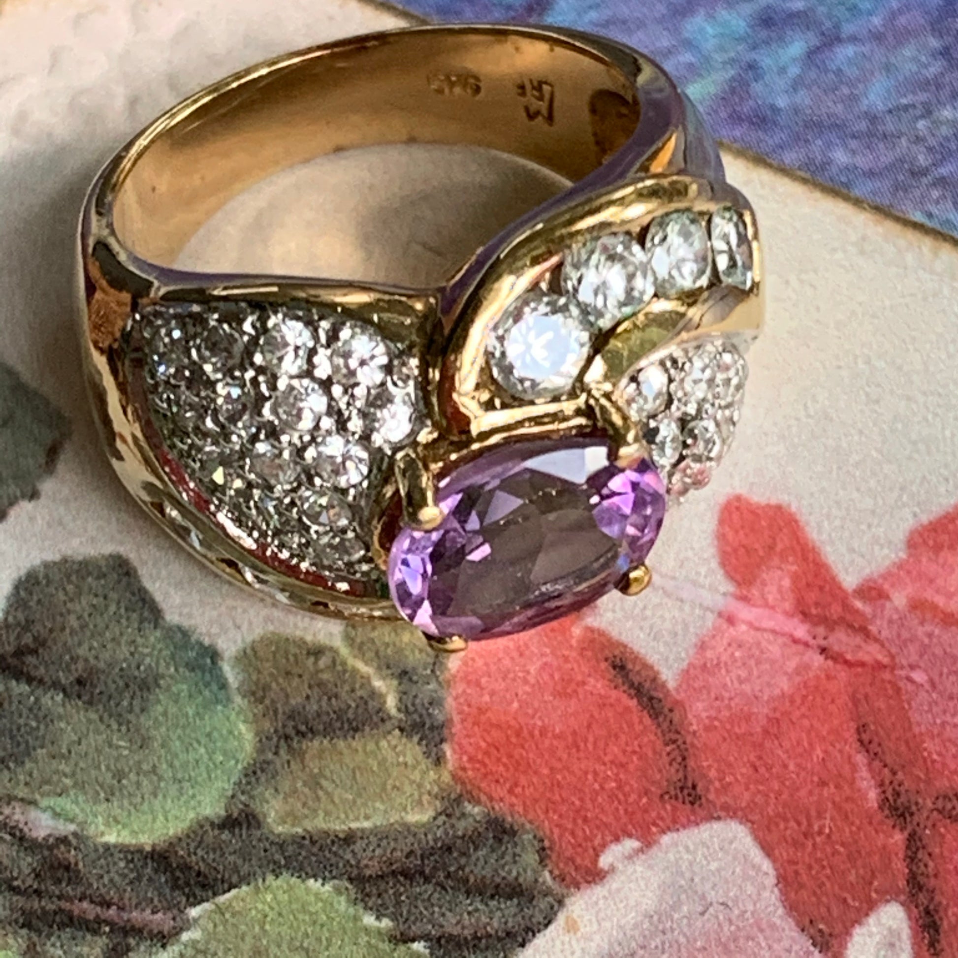 Vintage Gilt Sterling Silver Amethyst & CZ Ring - Lady Slippers