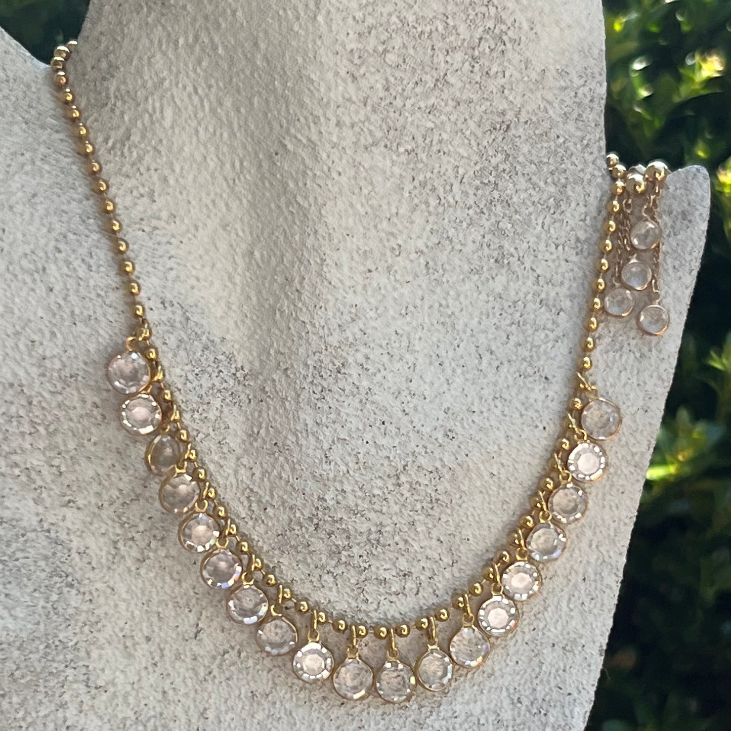 Vintage Ball Chain Bezel Set Round Crystal Necklace & Pierced Earring Set