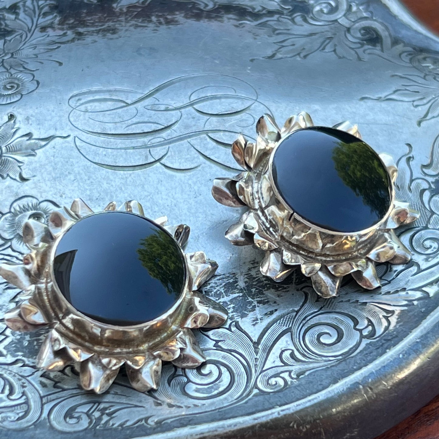 Vintage Calderon Atachi Mexican Taxco Sterling Silver Black Onyx Sunflower Earrings