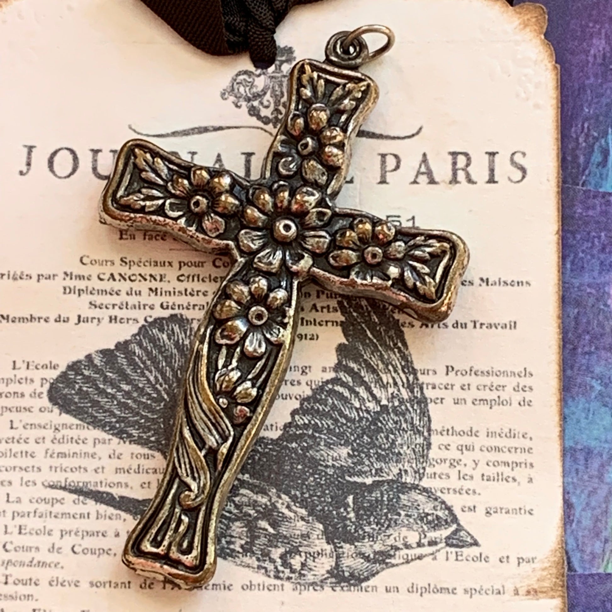 Victorian Silver Plated Embossed Cross Pendant - Lady Slippers