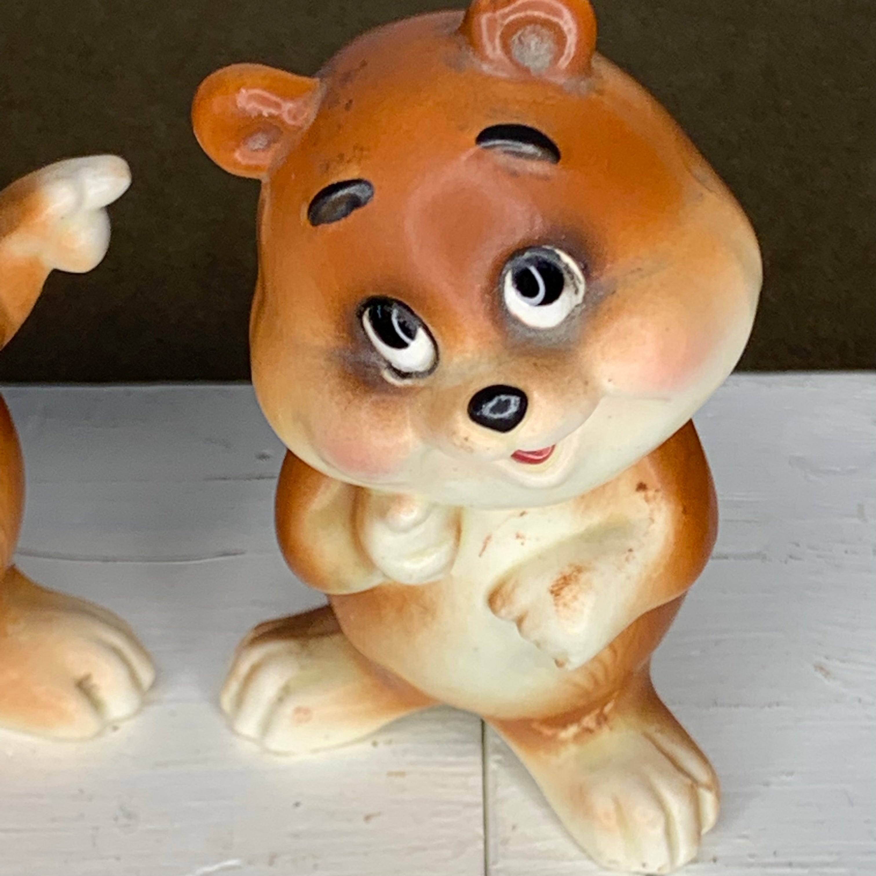 Vintage Lefton Japan Anthropomorphic He Did It Bear Salt & Pepper Shakers