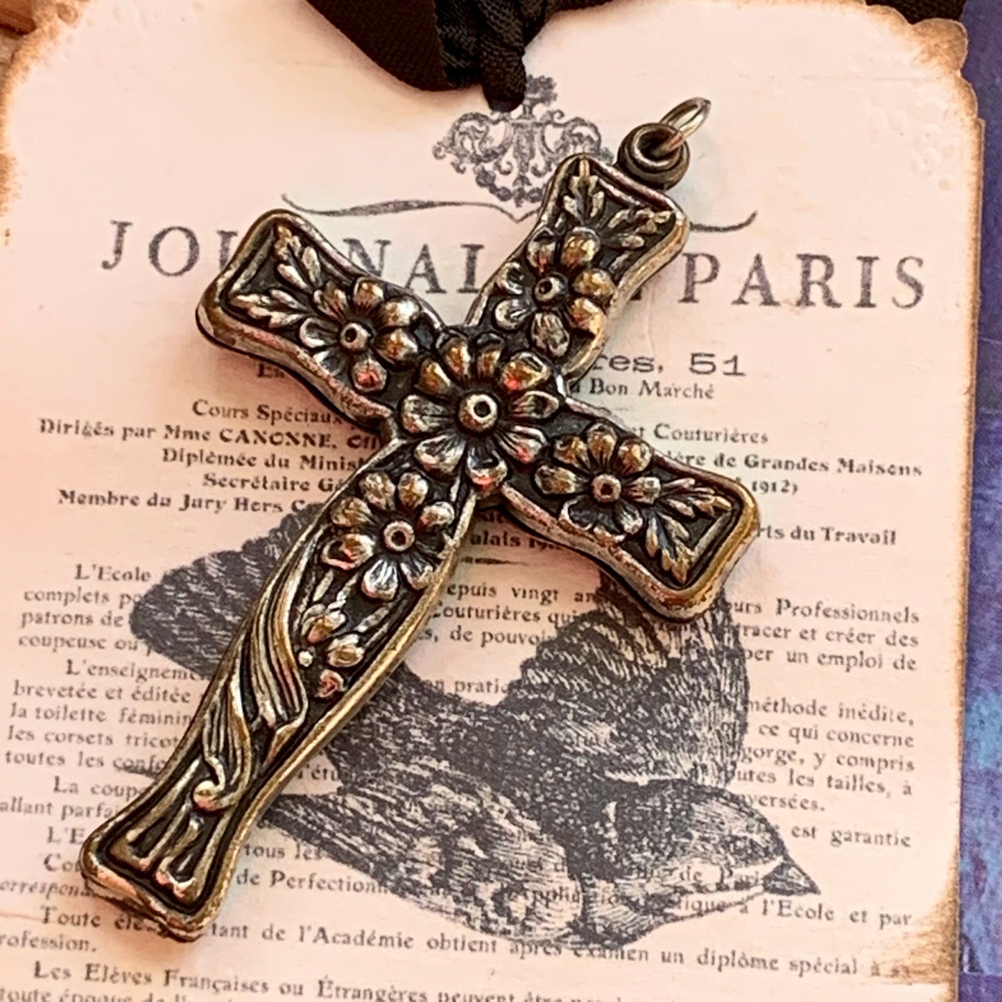 Victorian Silver Plated Embossed Cross Pendant - Lady Slippers