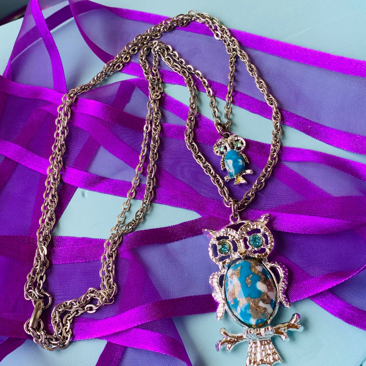 Vintage Faux Turquoise Mama & Baby Owl Double Strand Necklace