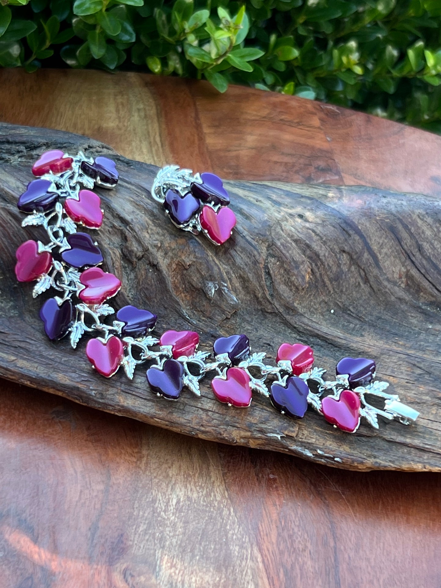 Vintage Purple & Pink Moonstone Lucite Heart Bracelet