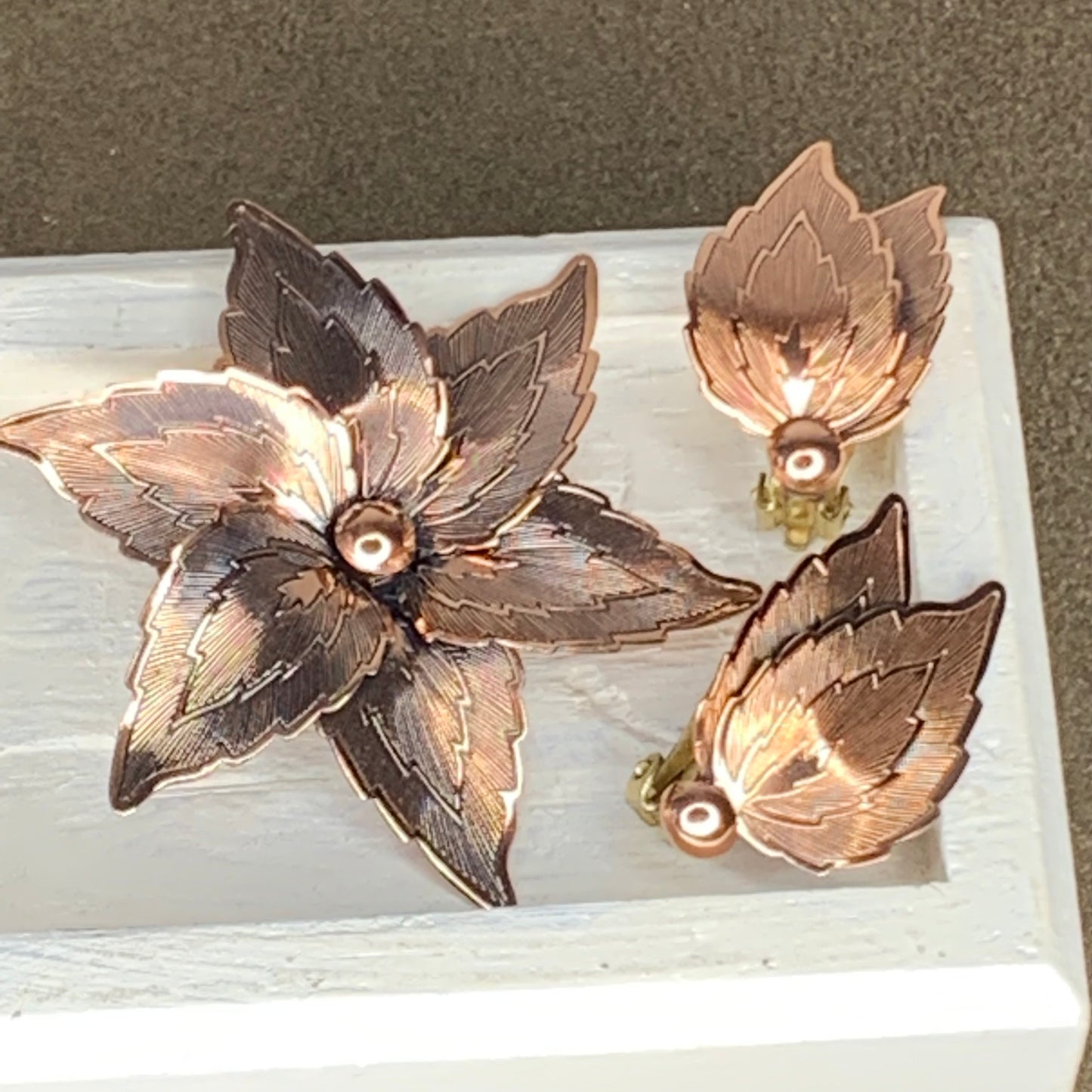 Vintage Copper Floral Pin & Earrings Set