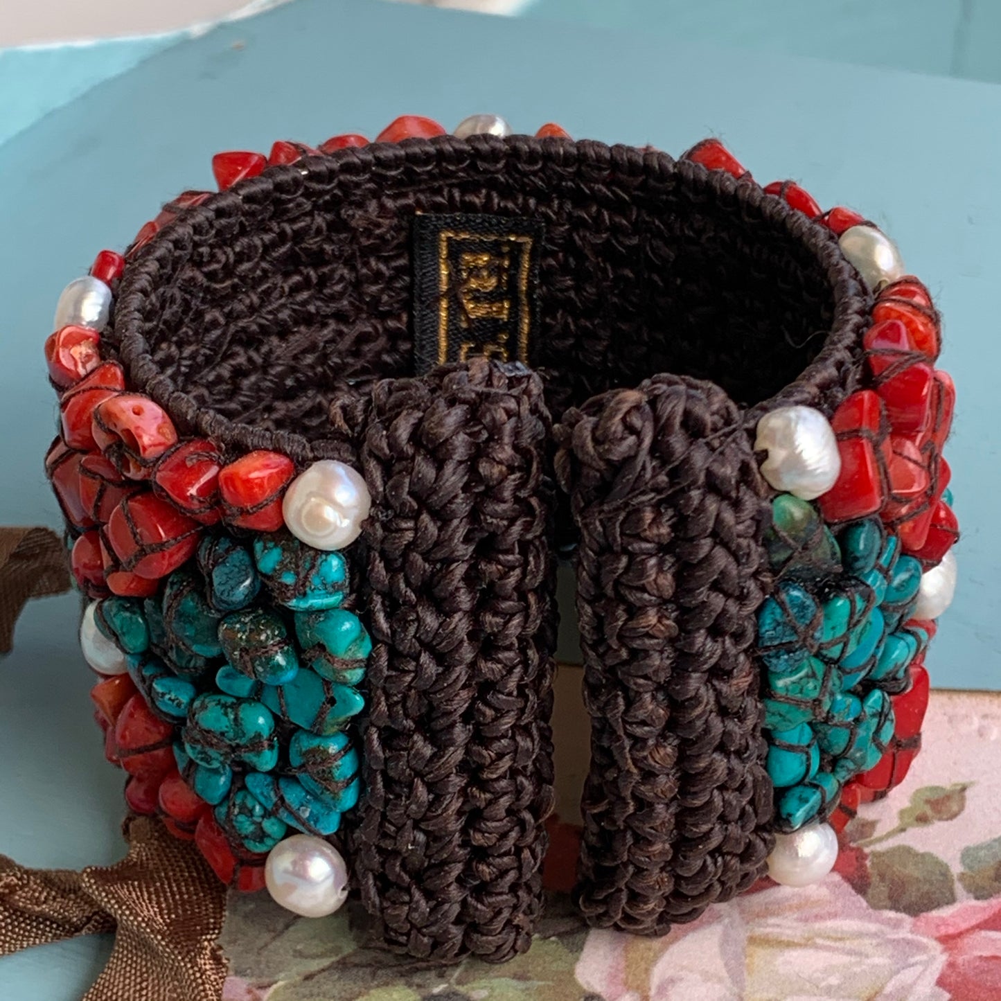 Red Coral, Freshwater Pearl, & Turquoise Chip Bracelet
