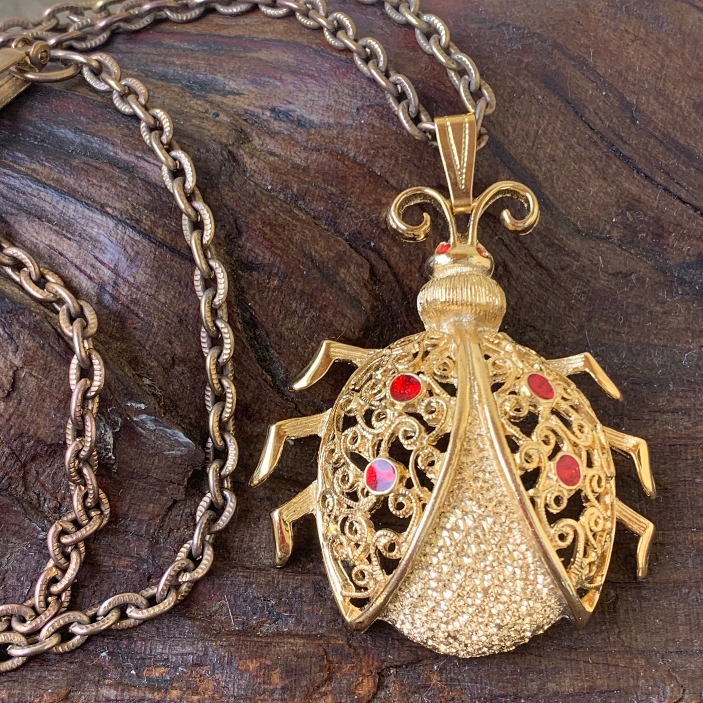 Vintage Rhinestone Ladybug Necklace