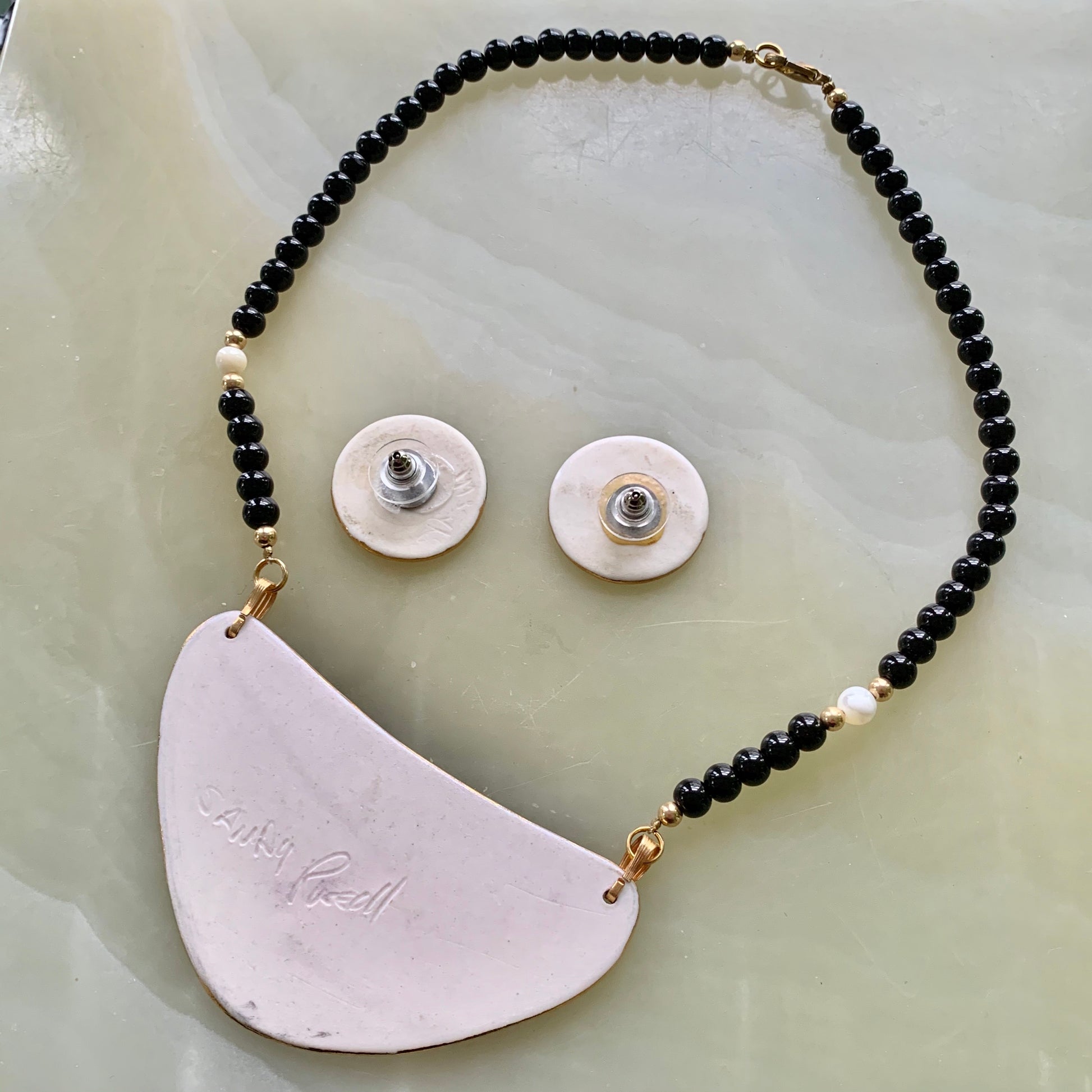 Vintage Sandy Russell Porcelain Onyx & Mother of Pearl Necklace & Earrings Set - Lady Slippers