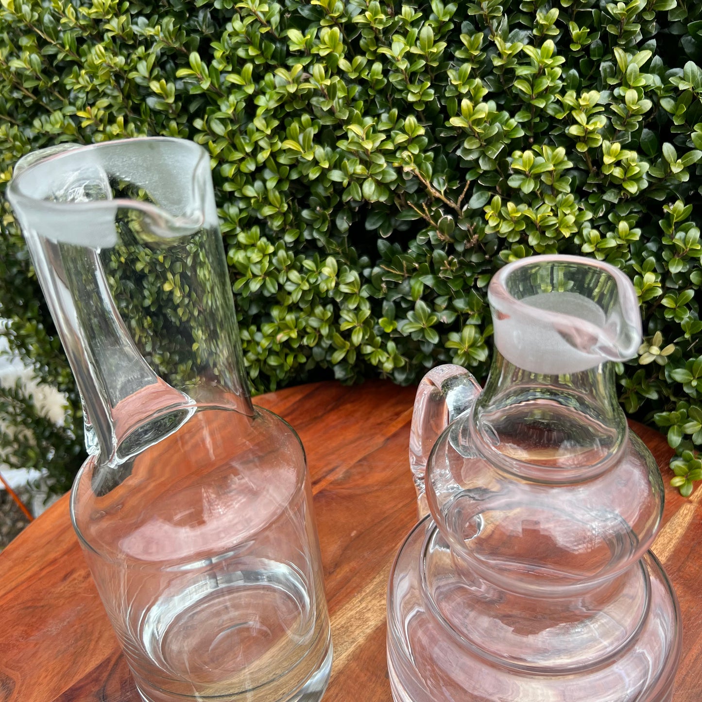 Two Unique Hand blown Clear Glass Liquor Wine Decanters & Stoppers