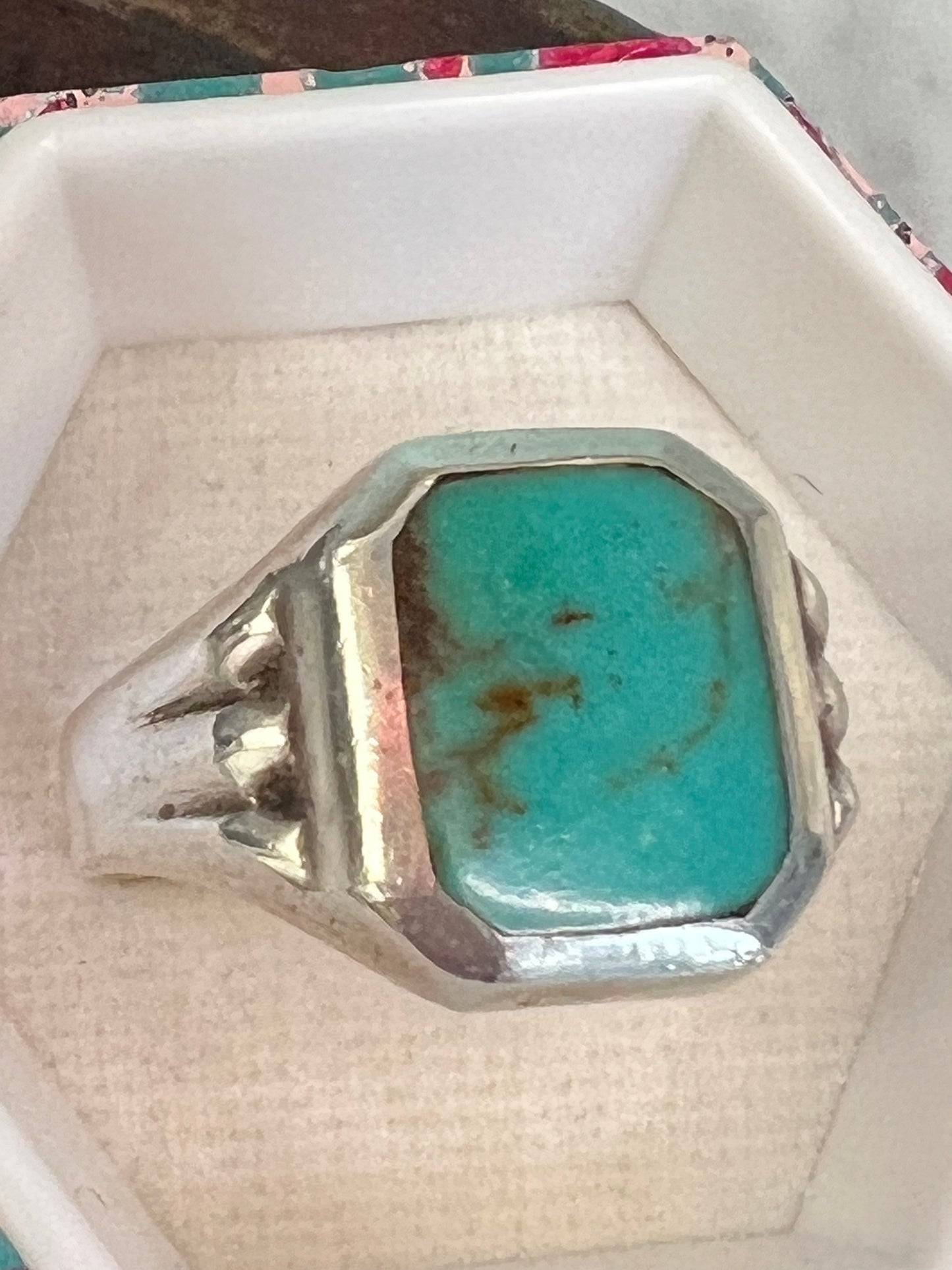 Vintage Mexican Sterling Silver & Turquoise Semi Precious Gemstone Signet Ring Size 11.5
