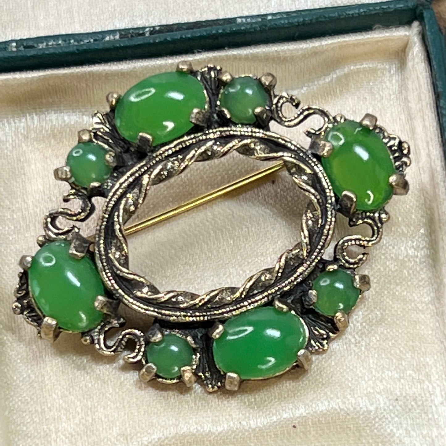 Vintage Miracle Green Glass Cabochon Pin
