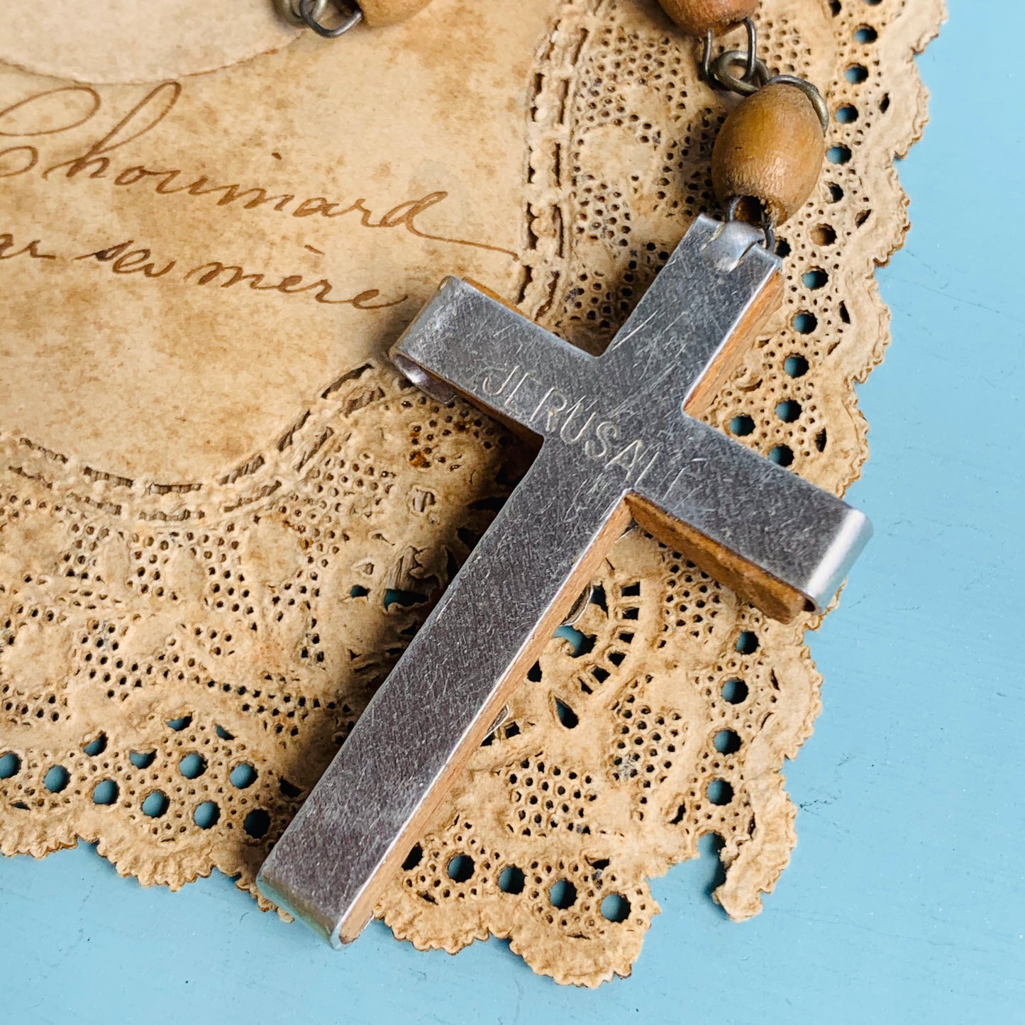 Vintage Olive Wood Jerusalem Cross Rosary