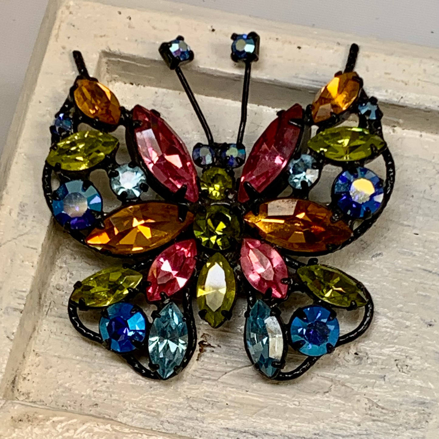 Vintage Unsigned Regency Jewel Tone Rhinestone Butterfly Pin