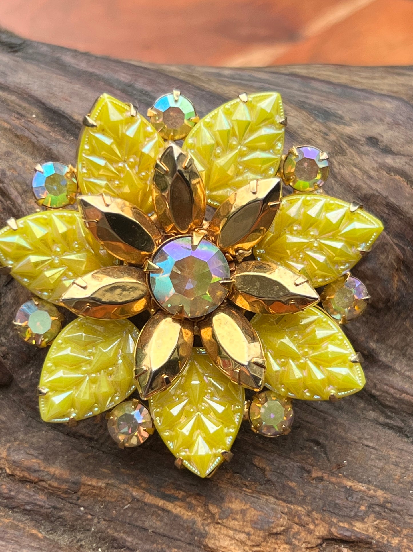 Vintage Floral Layered Rhinestone Carved Glass Leaf Pin