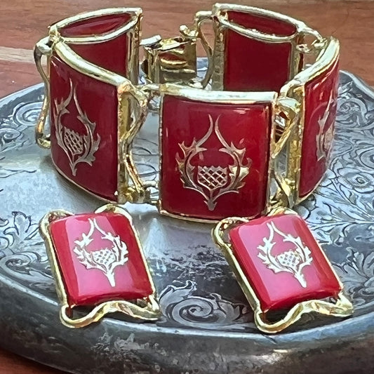 Vintage Signed Pam Red Heraldic Plastic Bracelet & Earring Set
