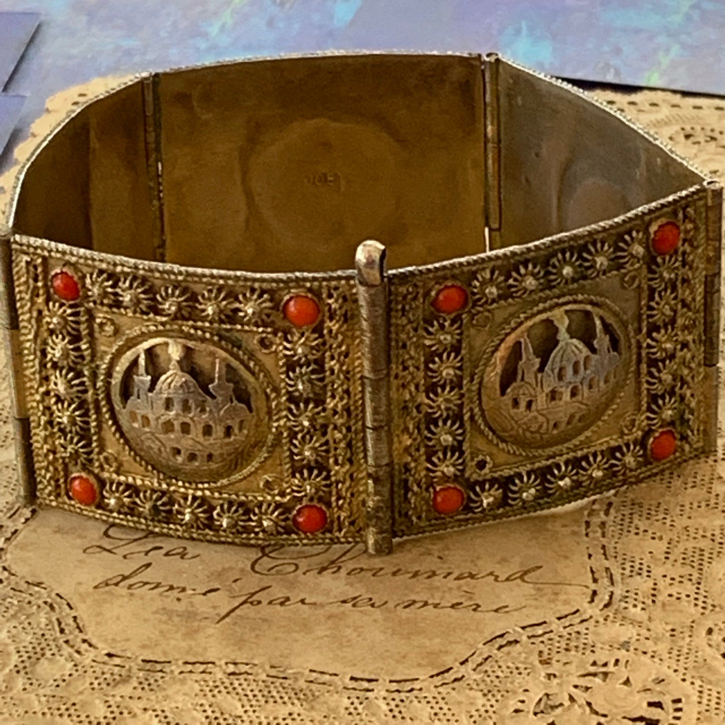 Vintage Middle Eastern 900 Silver over Gold Mashallah God's Will Mosque Panel Bracelet - Lady Slippers