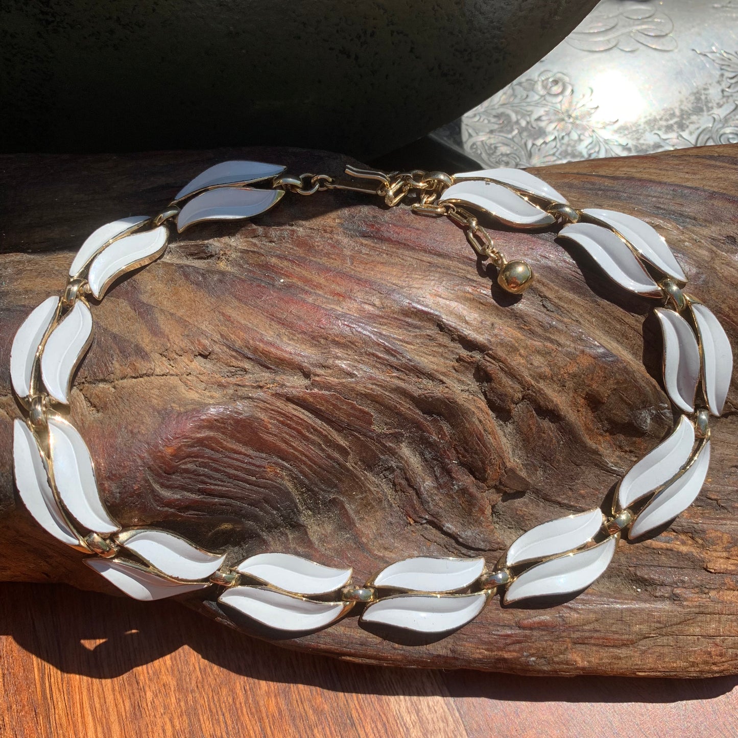 Vintage Trifari White Enamel Double Swirl Necklace