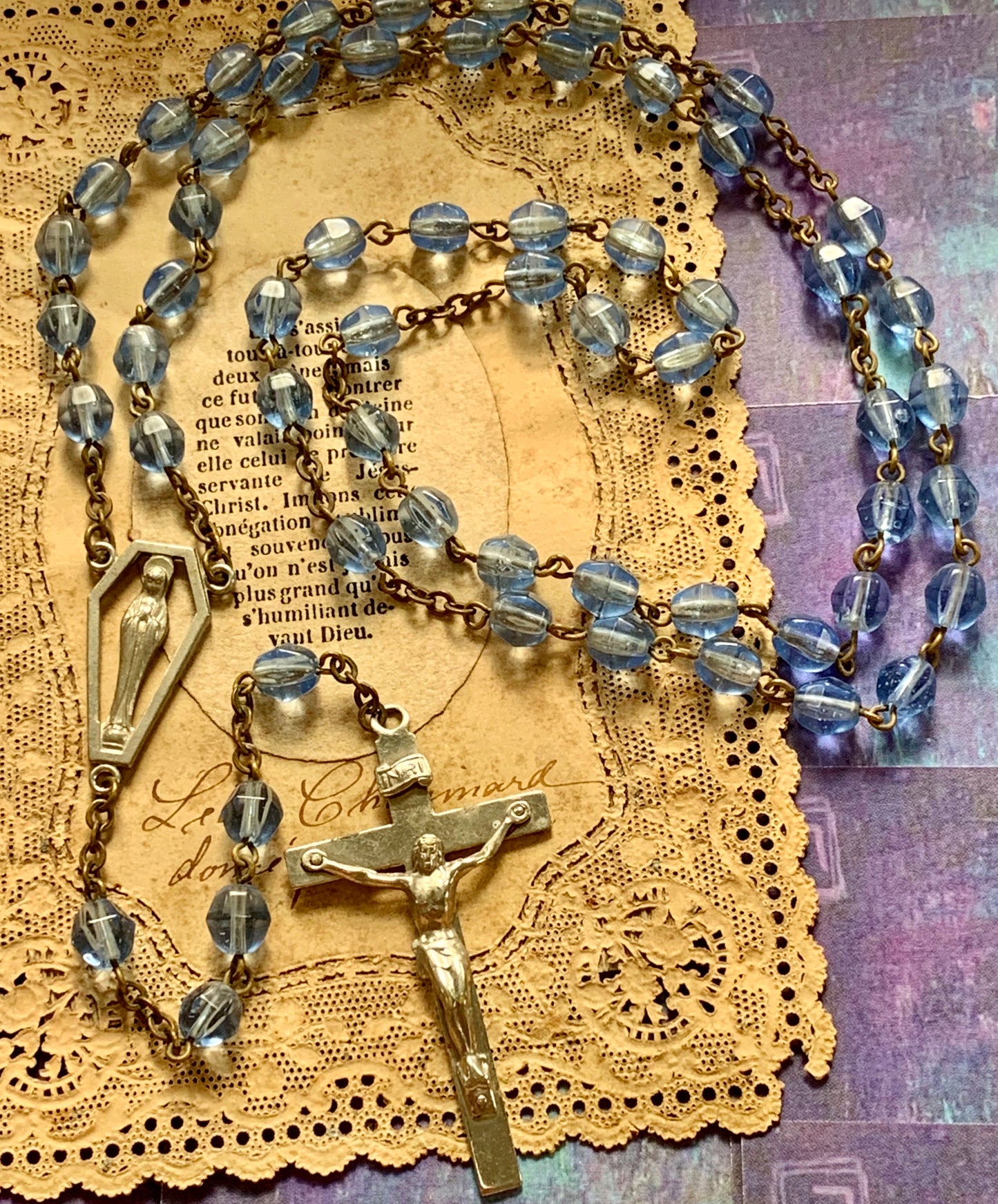 Modern Looking Periwinkle Blue Glass Bead Rosary - Lady Slippers
