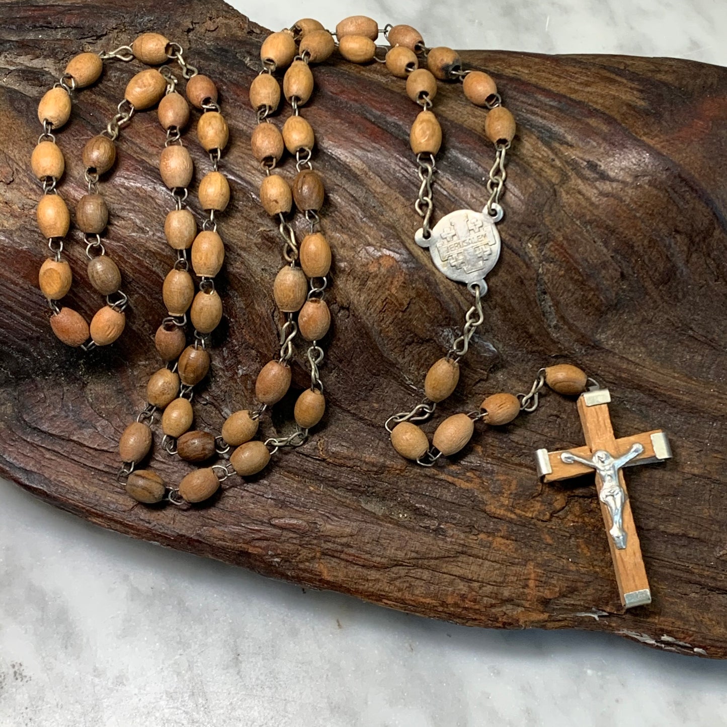 Vintage Olive Wood Terra Sancta Jerusalem Cross Rosary