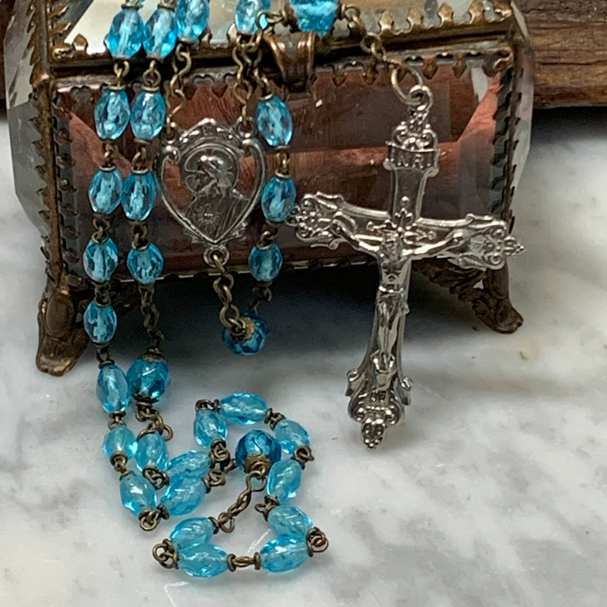 Vintage Blue Crystal Bead Rosary