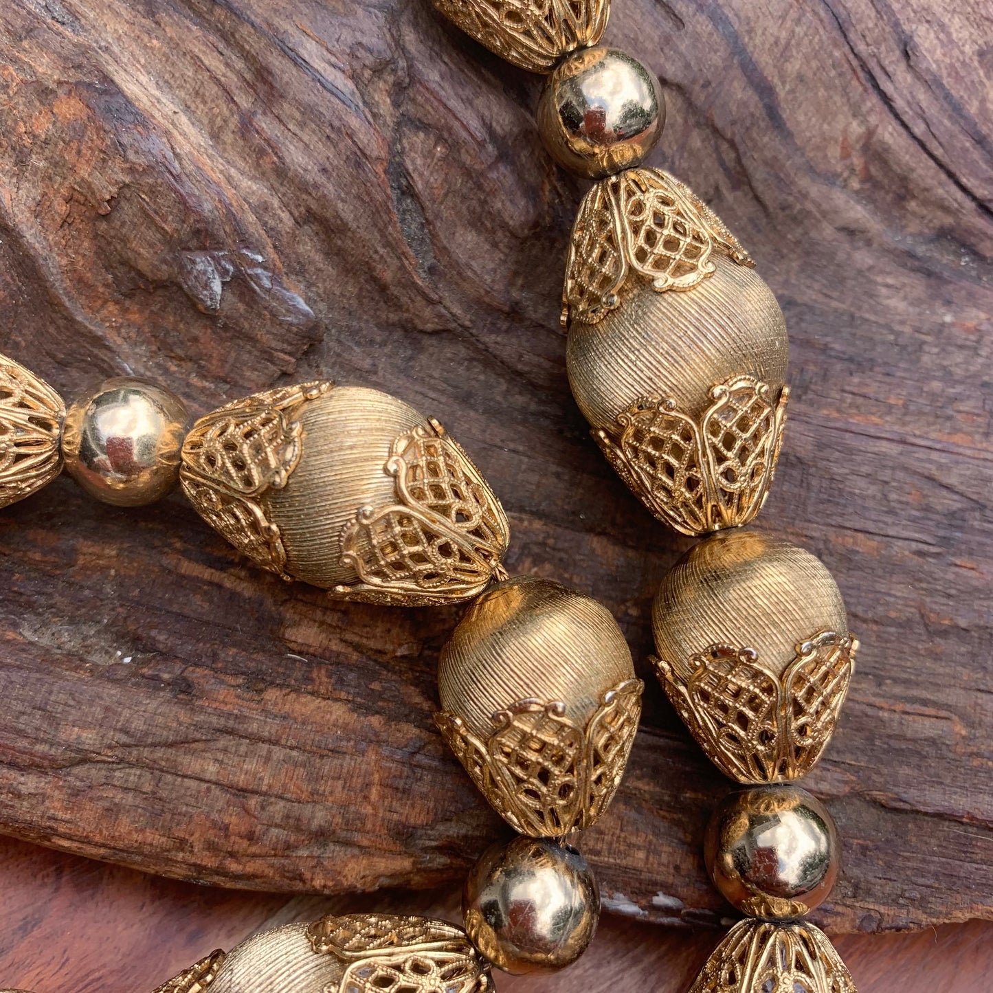 Vintage Monet Gold Bead Filigree Cap Necklace