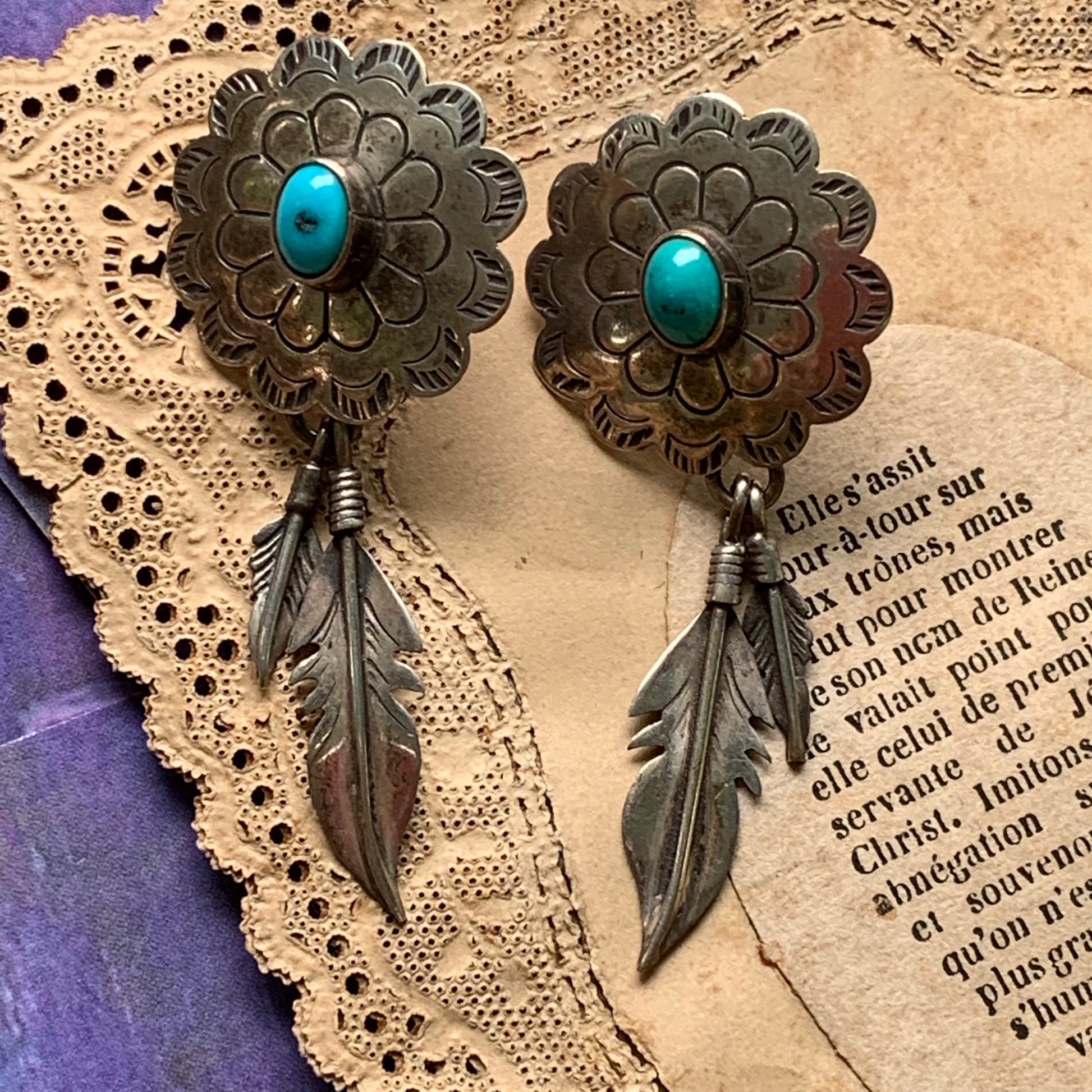 Vintage Southwestern Style Sterling Silver & Turquoise Earrings - Lady Slippers