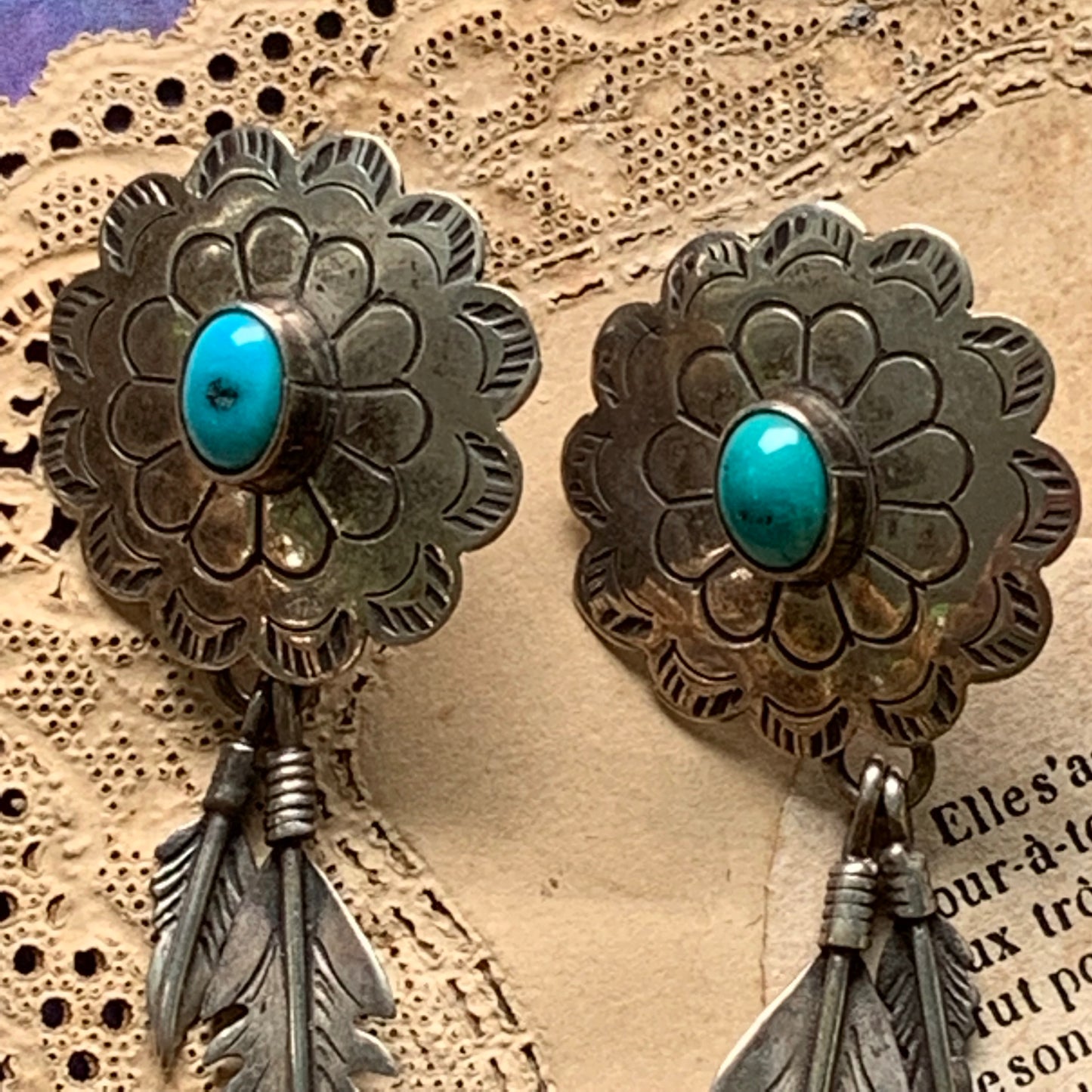 Vintage Southwestern Style Sterling Silver & Turquoise Earrings - Lady Slippers